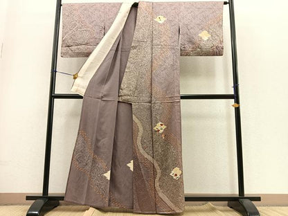 平和屋着物▽訪問着 単衣 絞り 刺繍 松皮菱花文 金糸 金彩 正絹 逸品 BAAS0384yt