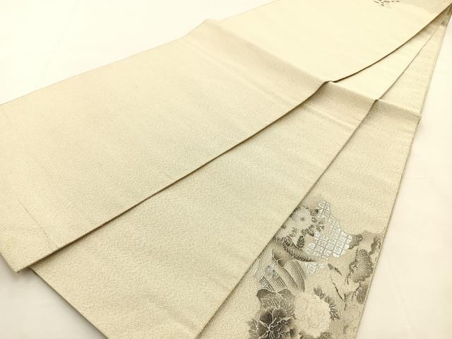 平和屋着物◎太鼓柄袋帯 綴れ 雲取花鳥文 銀彩 正絹 逸品 BAAS1084hj