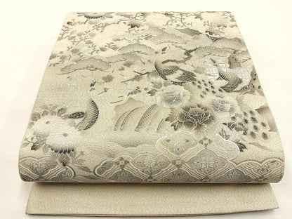 平和屋着物◎太鼓柄袋帯 綴れ 雲取花鳥文 銀彩 正絹 逸品 BAAS1084hj