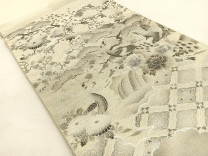 平和屋着物◎太鼓柄袋帯 綴れ 雲取花鳥文 銀彩 正絹 逸品 BAAS1084hj