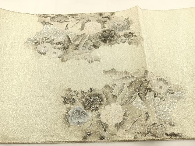 平和屋着物◎太鼓柄袋帯 綴れ 雲取花鳥文 銀彩 正絹 逸品 BAAS1084hj