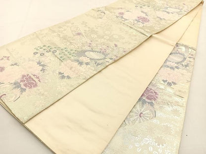 平和屋着物◎六通柄袋帯 唐織 花鳥絵巻文 銀糸 正絹 逸品 BAAS1086hj
