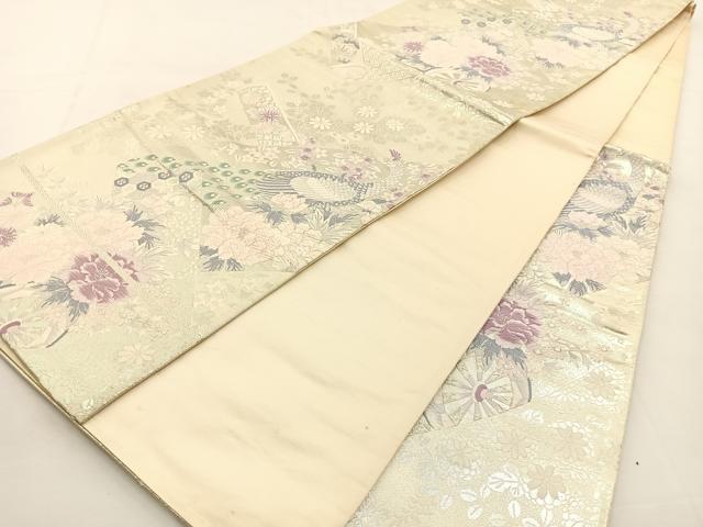 平和屋着物◎六通柄袋帯 唐織 花鳥絵巻文 銀糸 正絹 逸品 BAAS1086hj
