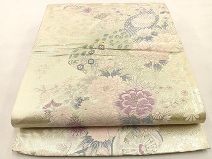 平和屋着物◎六通柄袋帯 唐織 花鳥絵巻文 銀糸 正絹 逸品 BAAS1086hj