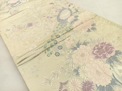 平和屋着物◎六通柄袋帯 唐織 花鳥絵巻文 銀糸 正絹 逸品 BAAS1086hj