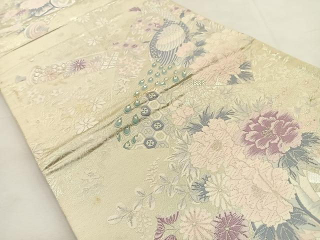 平和屋着物◎六通柄袋帯 唐織 花鳥絵巻文 銀糸 正絹 逸品 BAAS1086hj