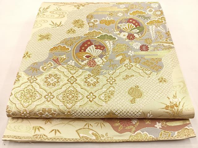 平和屋着物◎六通柄袋帯 唐織 花蝶宝尽くし文 金銀糸 正絹 逸品 BAAS1087hj
