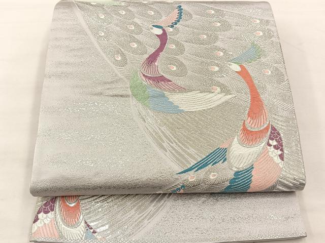 平和屋着物◎六通柄袋帯 唐織 孔雀文 銀糸 正絹 逸品 BAAS1288je
