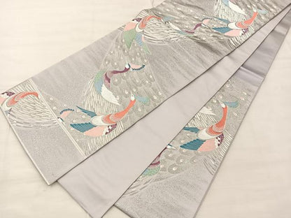 平和屋着物◎六通柄袋帯 唐織 孔雀文 銀糸 正絹 逸品 BAAS1288je