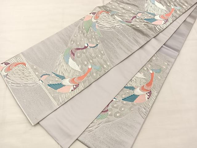平和屋着物◎六通柄袋帯 唐織 孔雀文 銀糸 正絹 逸品 BAAS1288je