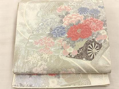 平和屋着物◎六通柄袋帯 唐織 花車文 銀糸 正絹 逸品 BAAS1294je