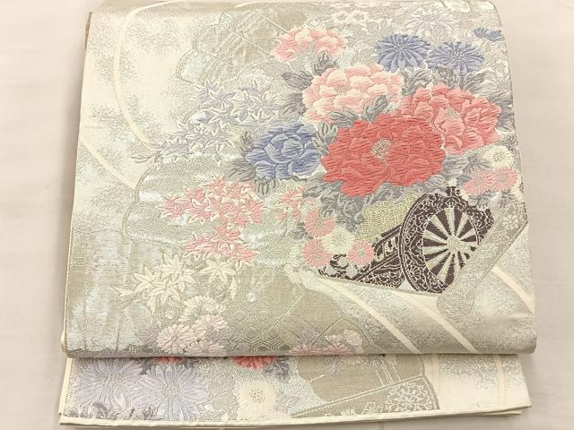 平和屋着物◎六通柄袋帯 唐織 花車文 銀糸 正絹 逸品 BAAS1294je