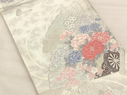 平和屋着物◎六通柄袋帯 唐織 花車文 銀糸 正絹 逸品 BAAS1294je