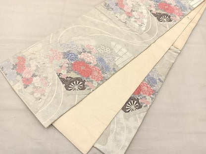 平和屋着物◎六通柄袋帯 唐織 花車文 銀糸 正絹 逸品 BAAS1294je