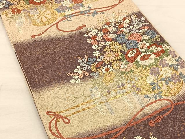 平和屋着物◎六通柄袋帯 唐織 春秋乃祭 花籠文 金糸 正絹 逸品 BAAS1305je