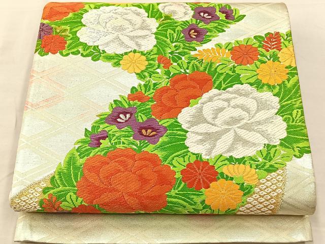 平和屋着物◎六通柄袋帯 唐織 地紙花文 黒地 金銀糸 正絹 逸品 BAAS1315je