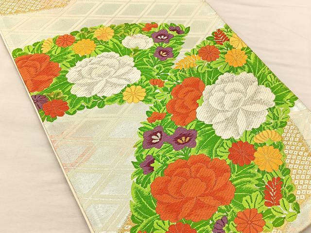 平和屋着物◎六通柄袋帯 唐織 地紙花文 黒地 金銀糸 正絹 逸品 BAAS1315je