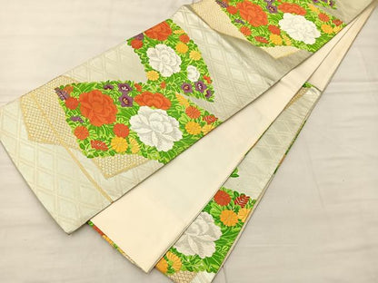 平和屋着物◎六通柄袋帯 唐織 地紙花文 黒地 金銀糸 正絹 逸品 BAAS1315je