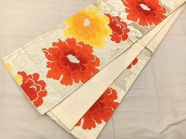平和屋着物◎六通柄袋帯 唐織 牡丹文 銀糸 正絹 逸品 BAAS1318je