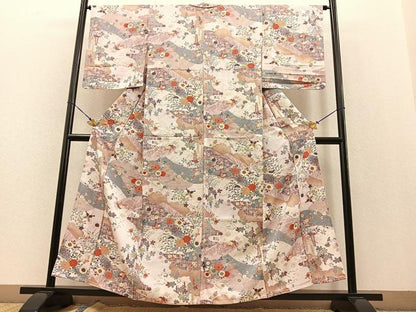 平和屋着物▽上質な小紋 単衣 花蝶文 暈し染め 金彩 正絹 逸品 BAAS1820ow