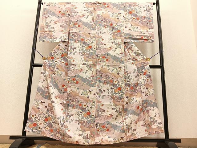 平和屋着物▽上質な小紋 単衣 花蝶文 暈し染め 金彩 正絹 逸品 BAAS1820ow