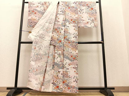 平和屋着物▽上質な小紋 単衣 花蝶文 暈し染め 金彩 正絹 逸品 BAAS1820ow