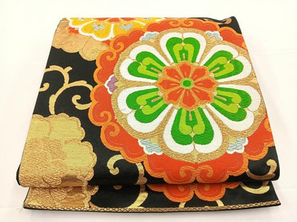 平和屋着物◎六通柄袋帯 唐織 正倉院花文 黒地 金糸 正絹 逸品 BAAS2312jr