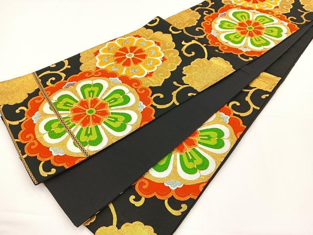 平和屋着物◎六通柄袋帯 唐織 正倉院花文 黒地 金糸 正絹 逸品 BAAS2312jr