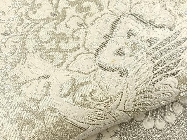 平和屋着物◎六通柄袋帯 唐織 孔雀花文 銀糸 正絹 逸品 BAAS2330jr