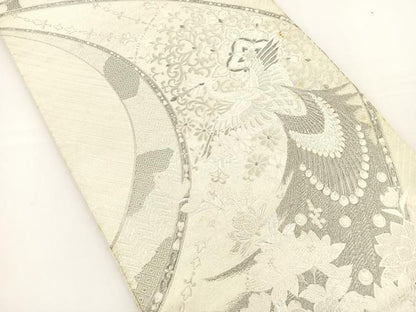 平和屋着物◎六通柄袋帯 唐織 孔雀花文 銀糸 正絹 逸品 BAAS2330jr