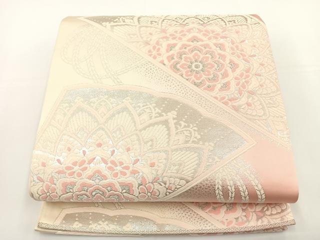 平和屋着物◎六通柄袋帯 唐織 扇面花文 銀糸 正絹 逸品 BAAS2342jr