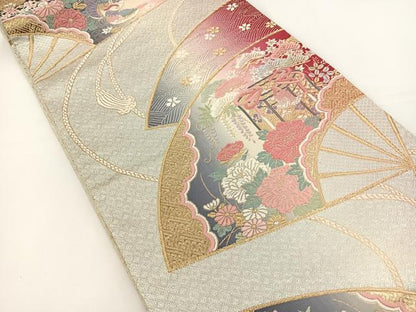 平和屋着物◎六通柄袋帯　唐織　扇面花鳥文　金銀糸　正絹　逸品　BAAS2344jr