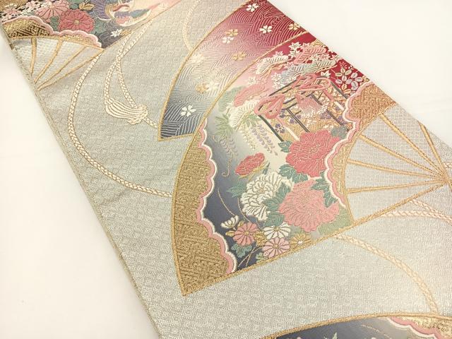 平和屋着物◎六通柄袋帯　唐織　扇面花鳥文　金銀糸　正絹　逸品　BAAS2344jr