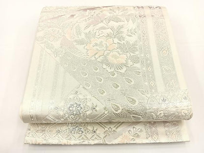 平和屋着物◎六通柄袋帯 唐織 草花文 銀糸 正絹 逸品 BAAS2346jr
