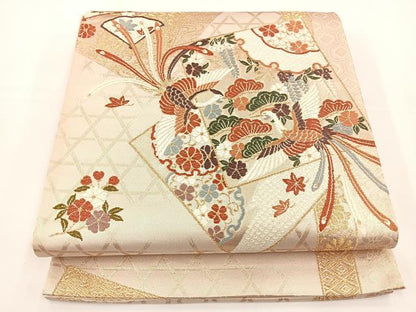 平和屋着物◎六通柄袋帯 唐織 尾長鳥雪輪花文 金糸 正絹 逸品 BAAS2369jr
