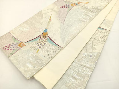 平和屋着物◎六通柄袋帯 双鶴 洋花文 金銀糸 正絹 逸品 BAAS2371jr