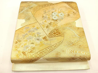 平和屋着物◎太鼓柄袋帯 駒刺繍 草花絵巻 金銀彩 正絹 逸品 BAAS2373jr