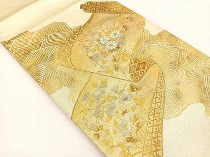平和屋着物◎太鼓柄袋帯 駒刺繍 草花絵巻 金銀彩 正絹 逸品 BAAS2373jr