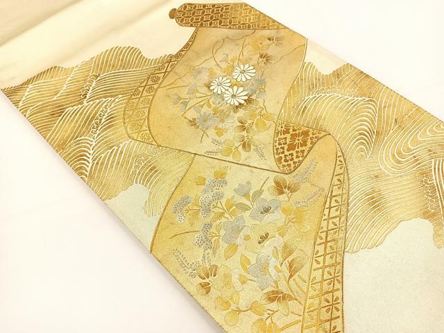 平和屋着物◎太鼓柄袋帯 駒刺繍 草花絵巻 金銀彩 正絹 逸品 BAAS2373jr