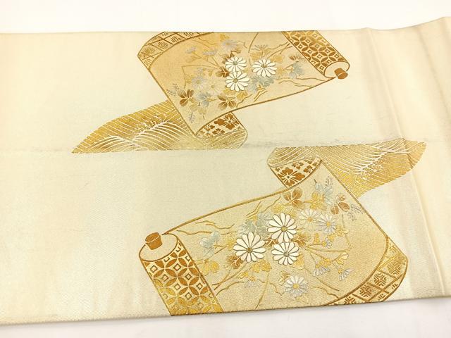 平和屋着物◎太鼓柄袋帯 駒刺繍 草花絵巻 金銀彩 正絹 逸品 BAAS2373jr