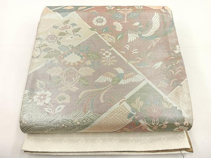 平和屋着物◎六通柄袋帯 花鳥文 銀糸 正絹 逸品 BAAS2378jr