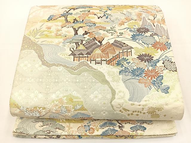 平和屋着物◎六通柄袋帯 唐織 風景文 金糸 正絹 逸品 BAAS2384jr
