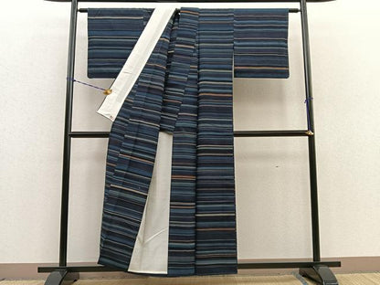 平和屋着物▽上質な紬 単衣 横段文 正絹 逸品 BAAS3509ui