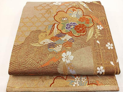 平和屋着物◎六通柄袋帯 唐織 流水花文 金糸 正絹 逸品 BAAS4354ea
