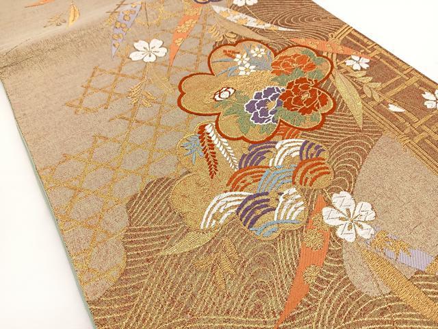 平和屋着物◎六通柄袋帯 唐織 流水花文 金糸 正絹 逸品 BAAS4354ea