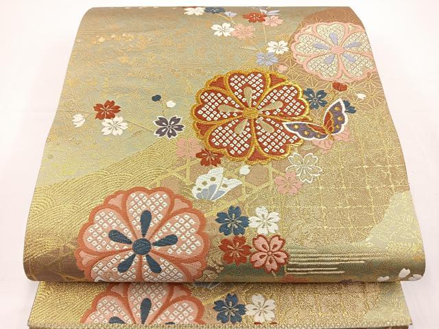 平和屋着物◎六通柄袋帯 唐織 花蝶文 金糸 正絹 逸品 BAAS4373ea