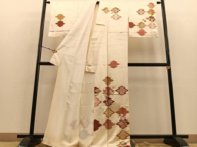 2895］訪問着 杢目絞り 刺繍 扇面花 金彩 正絹 着物 袷
