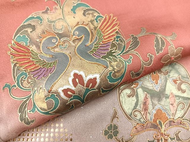 正絹 花車文 暈し染め 金彩 訪問着5点セット 訪問着レンタル・代赭 橙系 暈し染め 金彩 觀世水 花車 FW751