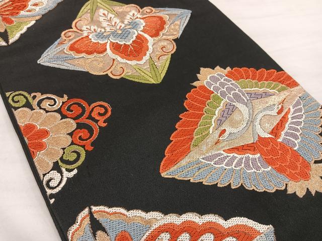 平和屋着物◎六通柄 本京袋帯 唐織 向かい鶴蝶文 黒地 金糸 正絹 逸品 BAAS4780gt