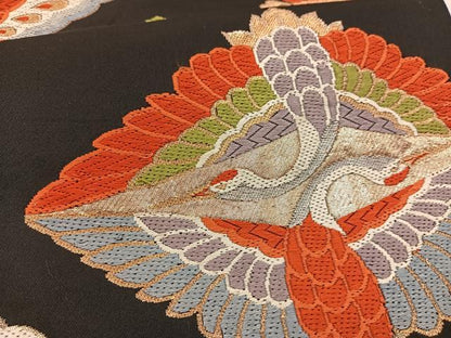 平和屋着物◎六通柄 本京袋帯 唐織 向かい鶴蝶文 黒地 金糸 正絹 逸品 BAAS4780gt